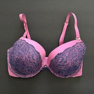 38D Frederick's of Hollywood Pink Purple Lace Padded Underwire Push Up Bra